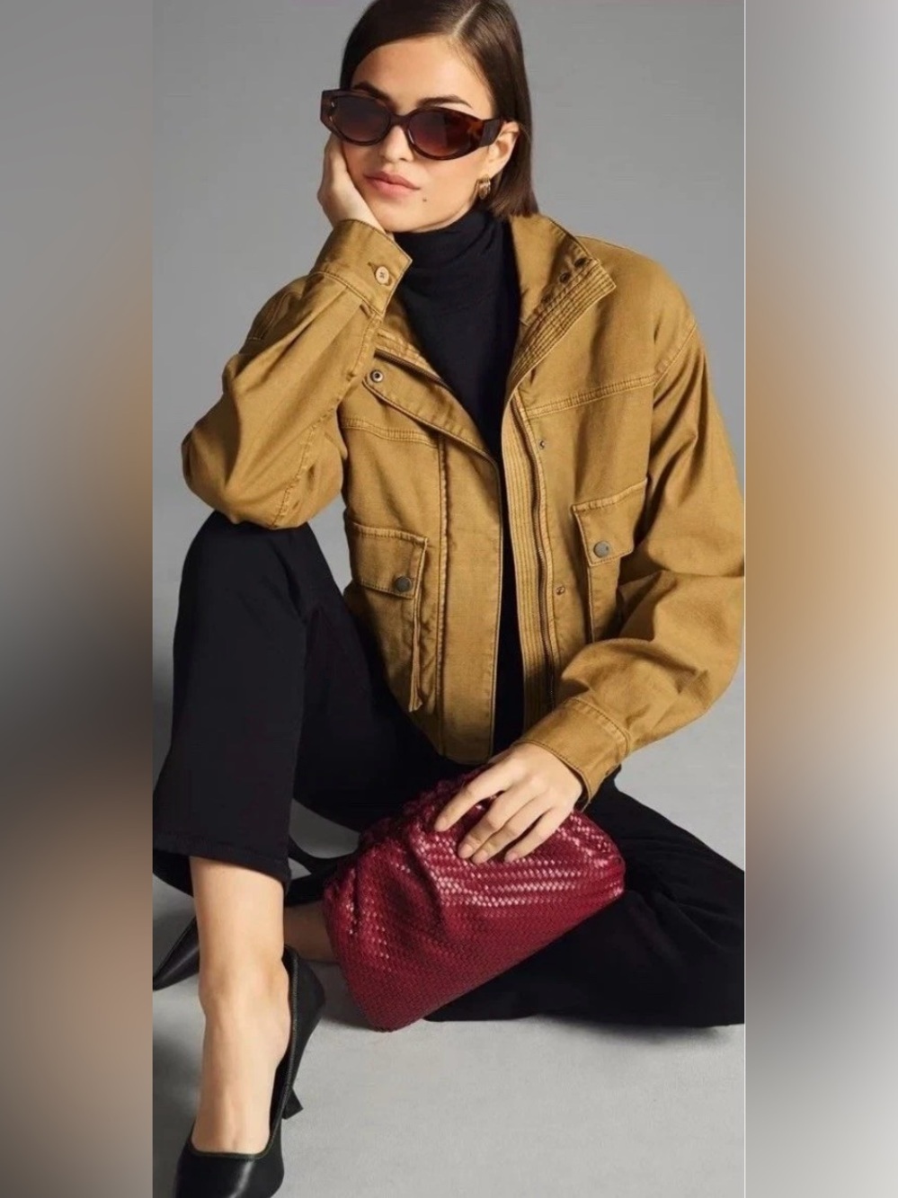 Anthropologie Pilcro Cropped Utility Workwear Bomber Jacket in Camel Womens XL